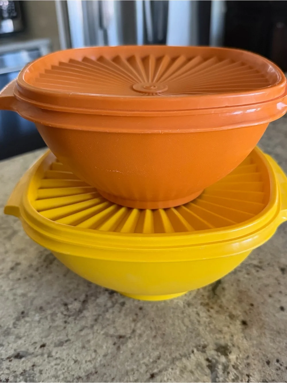 Vintage Tupperware Stackable Orange and Yellow Bowls with Lids